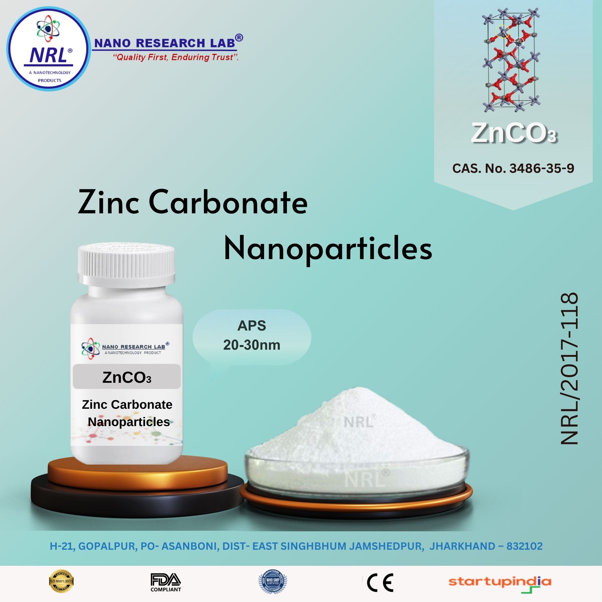 Zinc Carbonate Nanoparticles/Nanopowder (ZnCO3, 20-30nm, Purity 99.5%)