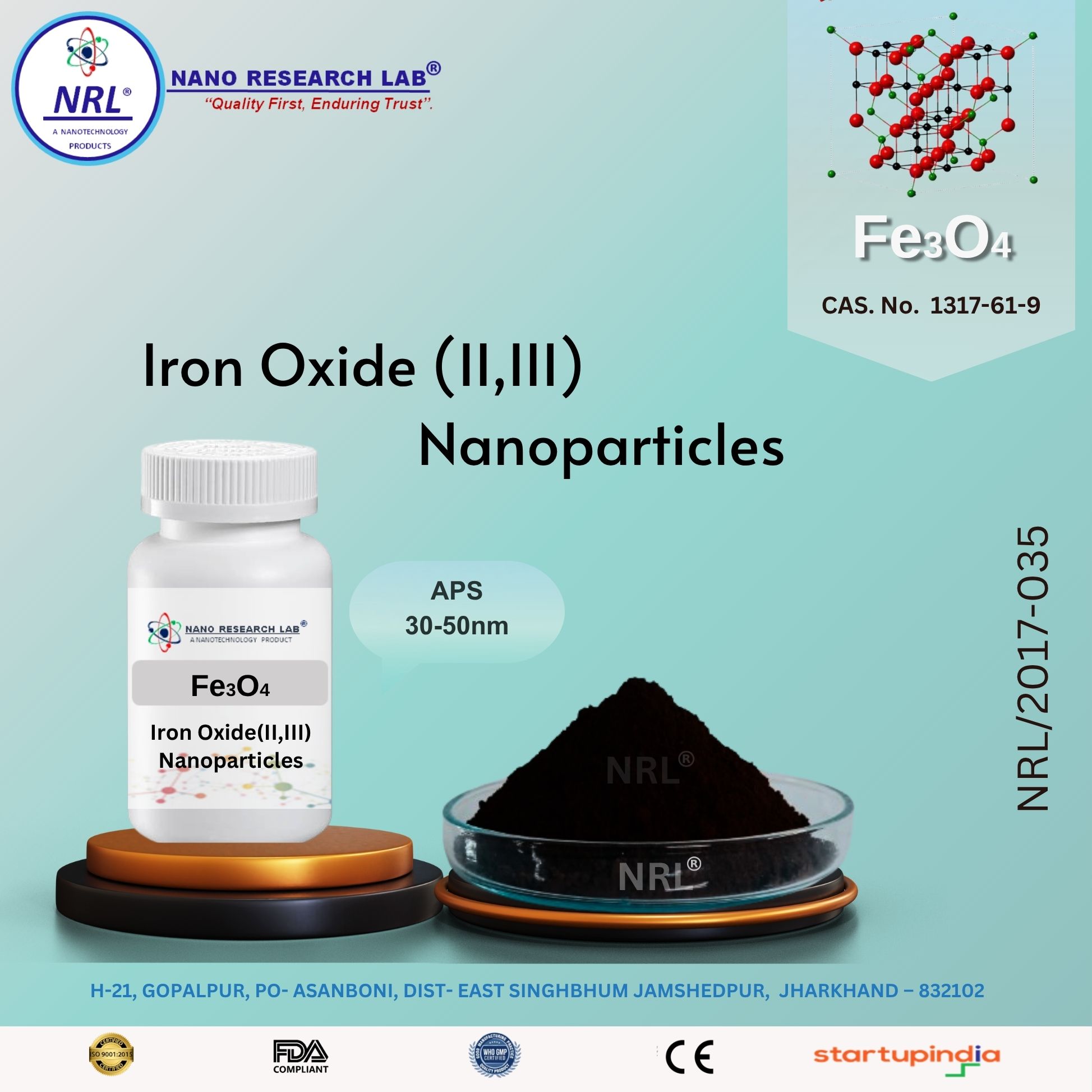 Iron Oxide Nanoparticles/Nanopowder (Fe3O4, 30-50nm, purity 99.5%)
