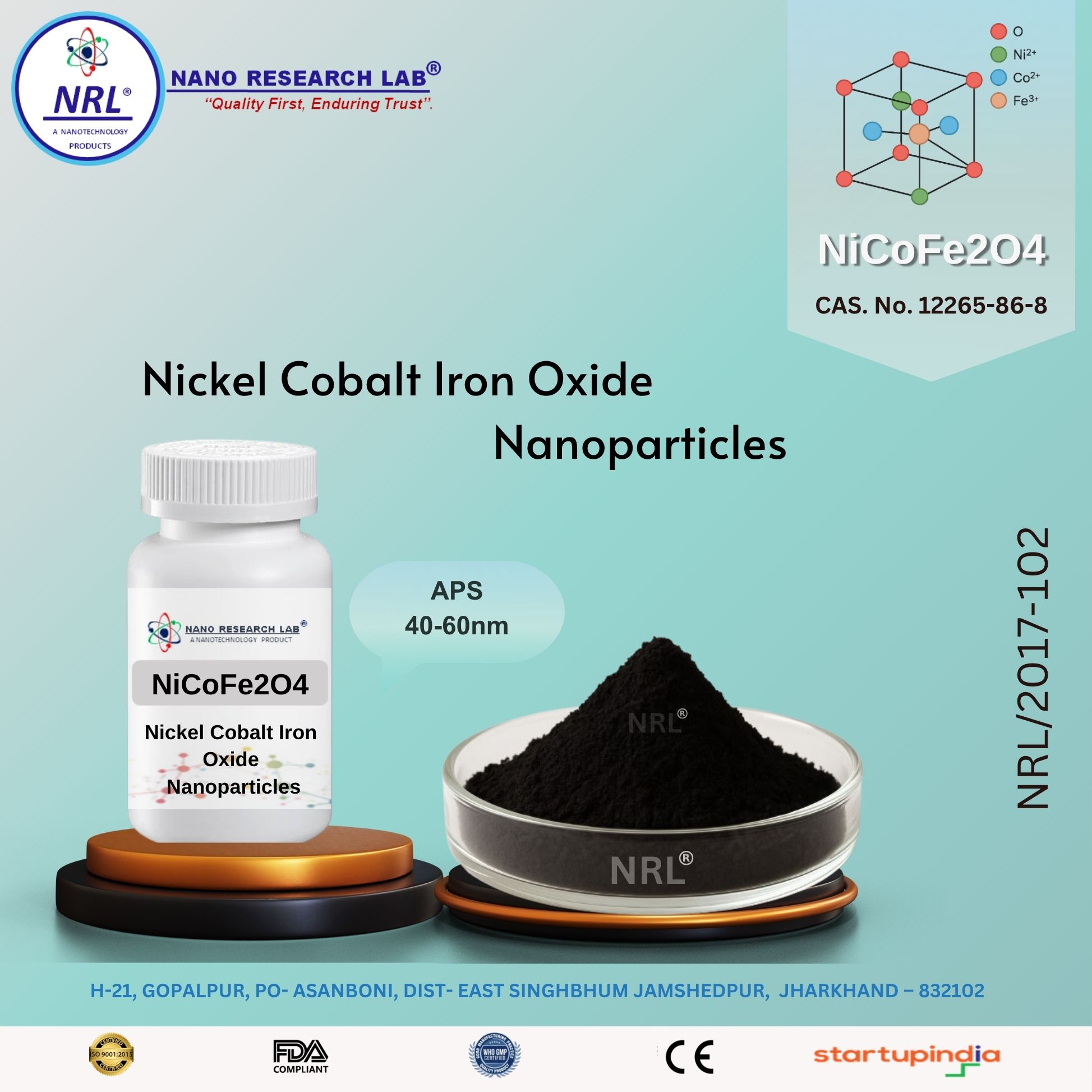 Nickel Cobalt Iron Oxide Nanoparticles / Nanopowder (NiCoFe2O4, 40-60nm, purity 99.5%)