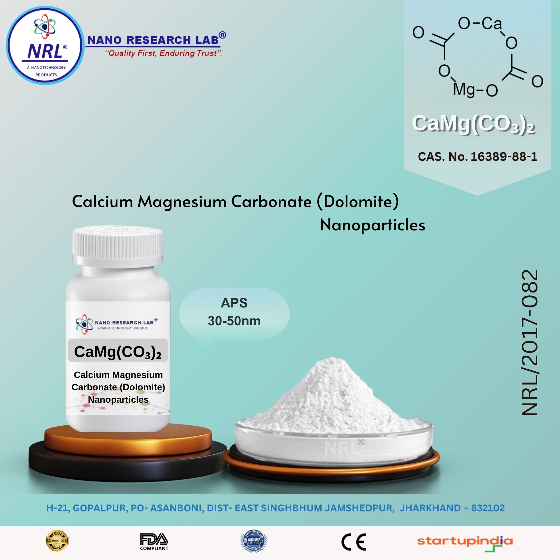 Calcium Magnesium Carbonate (Dolomite) (CaMg(CO3)2,  APS: 30-50nm, Purity 99.5%)