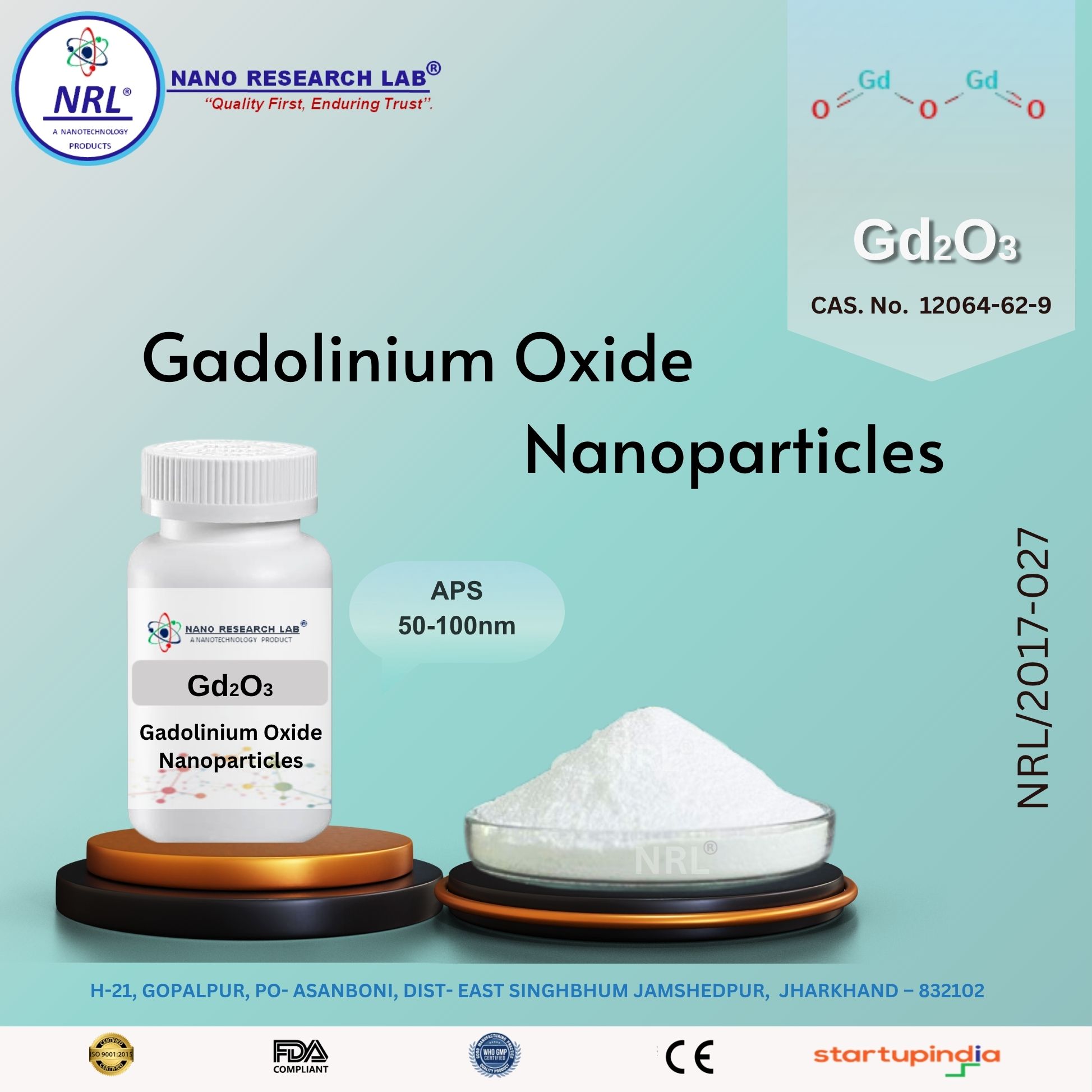 Gadolinium Oxide Nanoparticles/Nanopowder (Gd2O3, 50-100nm, purity 99.5%)