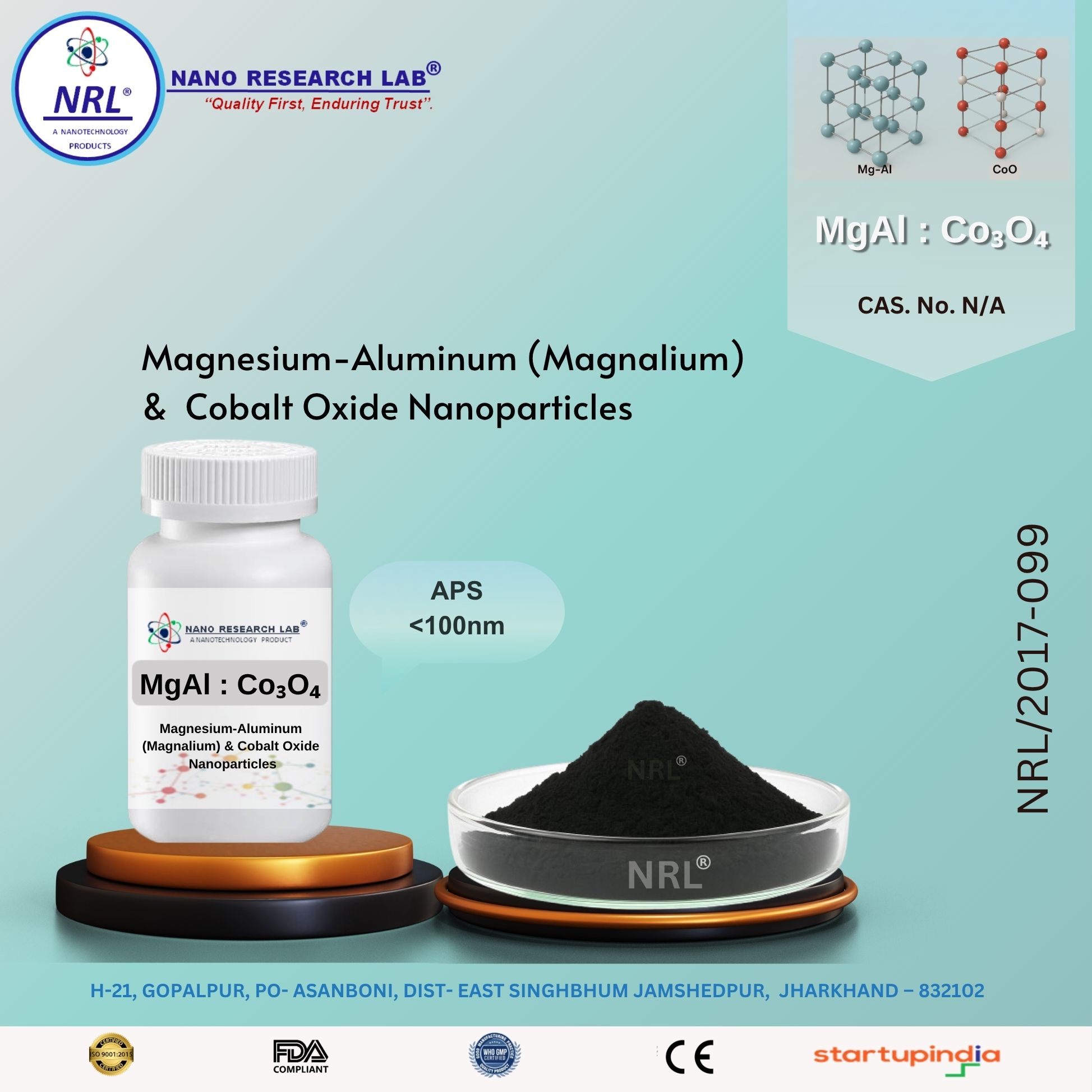 Magnesium-Aluminum (magnalium) and Cobalt Oxide ( MgAl:Co3O4) nanoparticles <100nm purity 99.5%