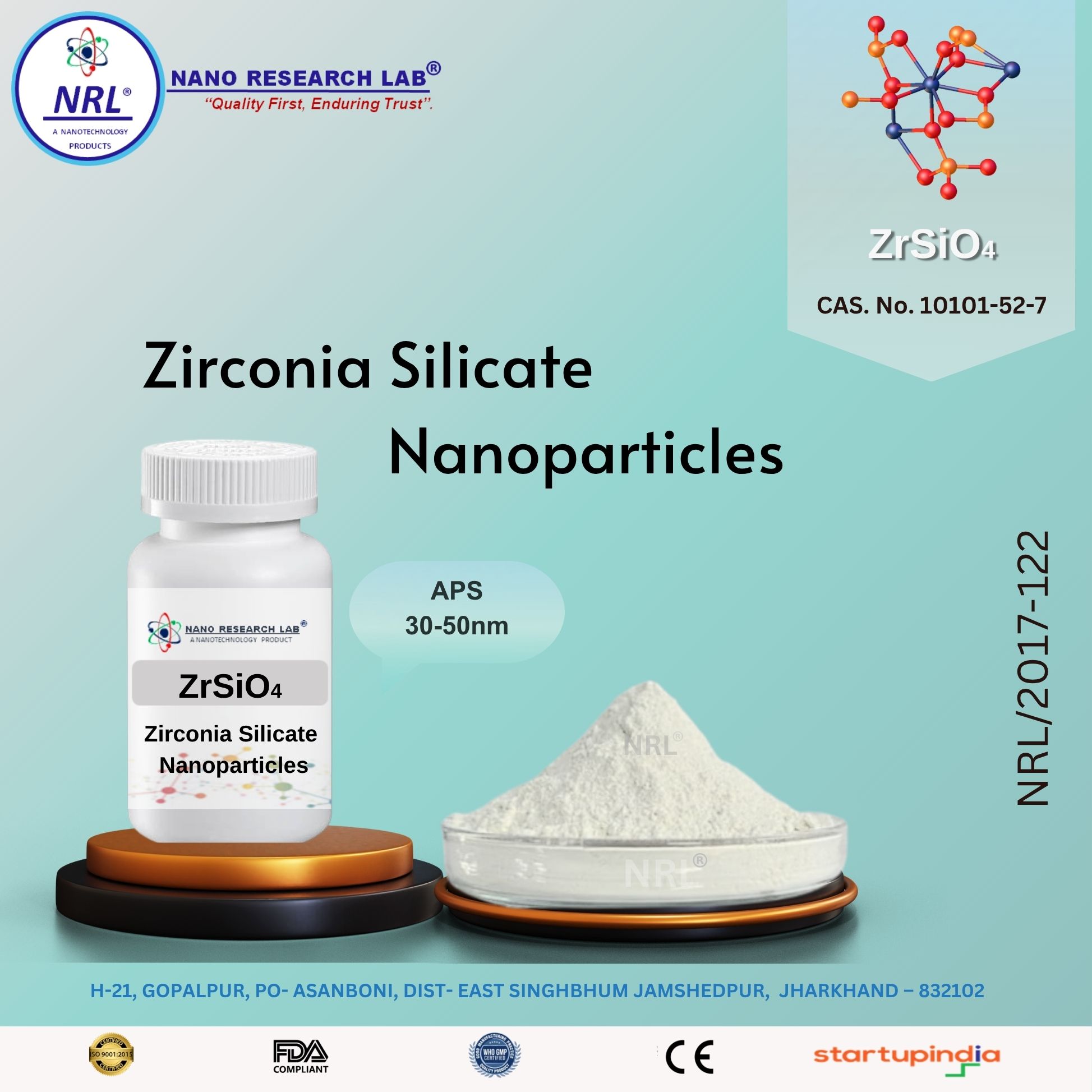 Zirconia Silicate Nanoparticles/Nanopowder (O4SiZr, APS 30-50nm, Purity >99.5%)