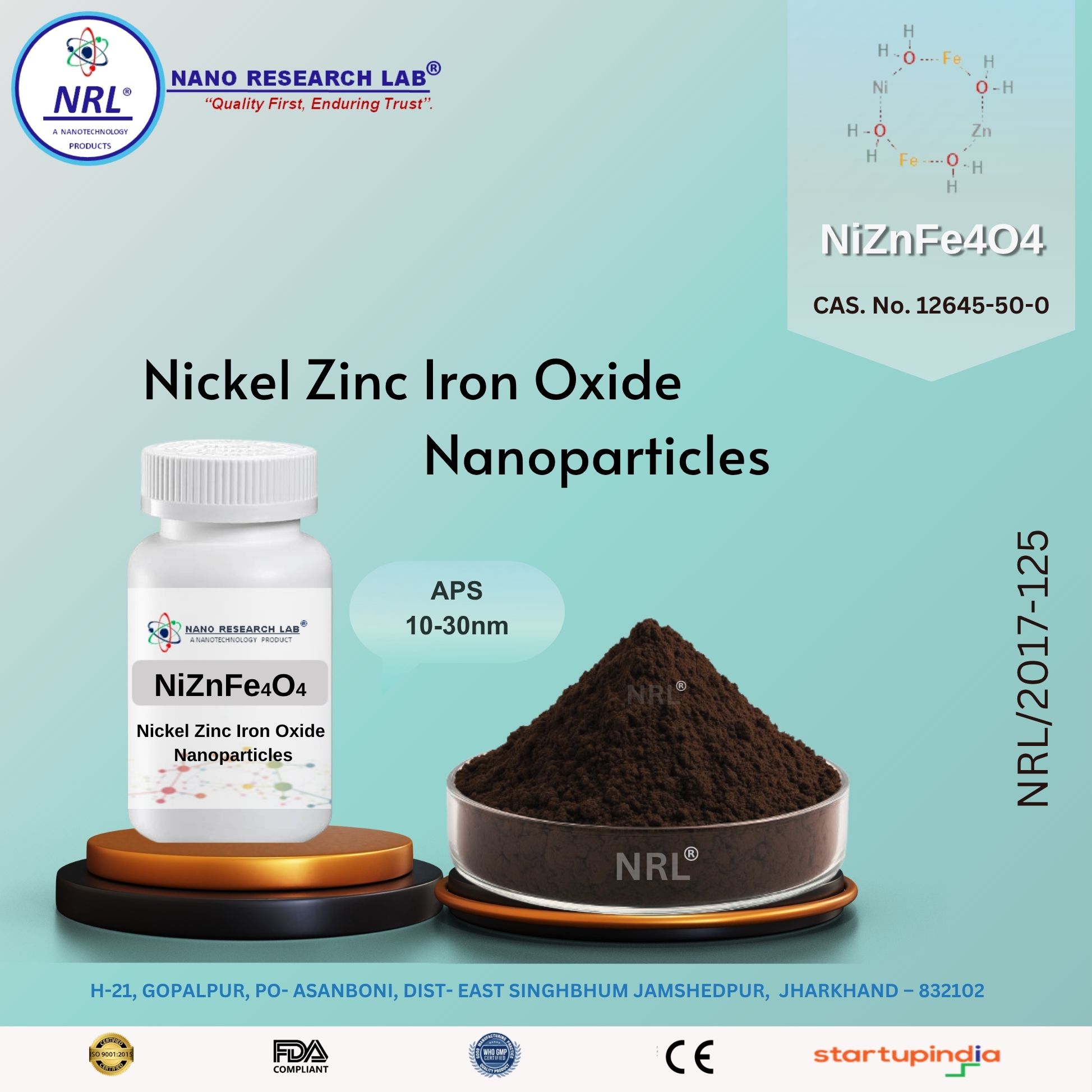 Nickel Zinc Iron Oxide Nanoparticles / Nanopowder (NiZnFe4O4, 10-30nm, purity 99.5%)