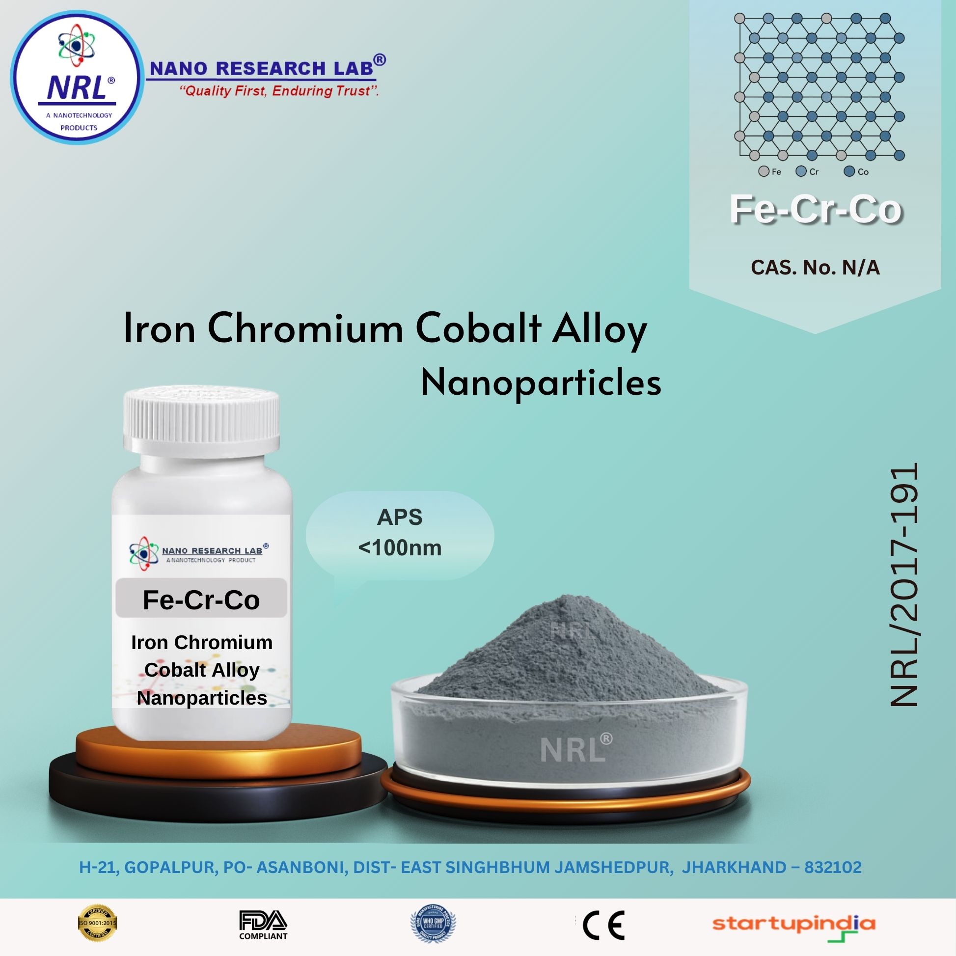 Fe-Cr-Co Alloy Nanoparticles / Nanopowder (Purity 99.5%, Particle Size <100 nm)