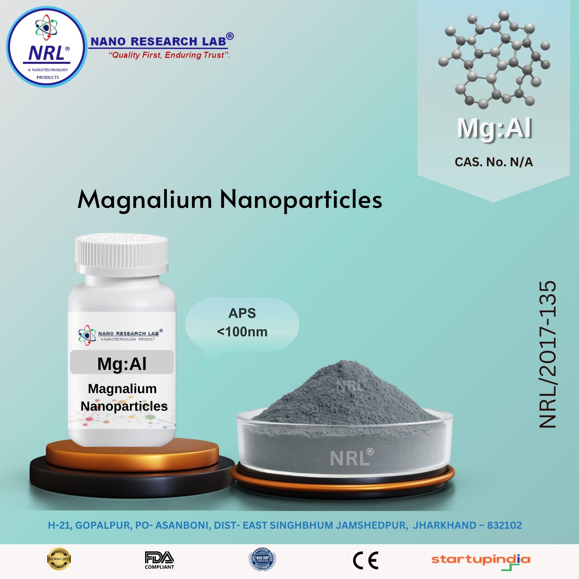 Magnalium Nanoparticles/Nanopowder (Mg:Al, <100nm, Puirty 99.5%)