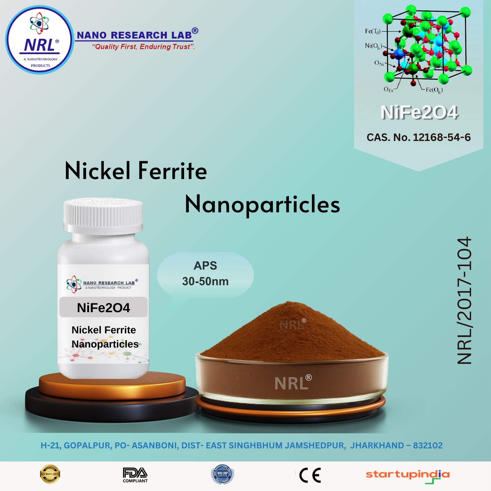 Nickel Ferrite Nanoparticles/Nanopowder (NiFe2O4, 30-50nm, Purity 99.5%)