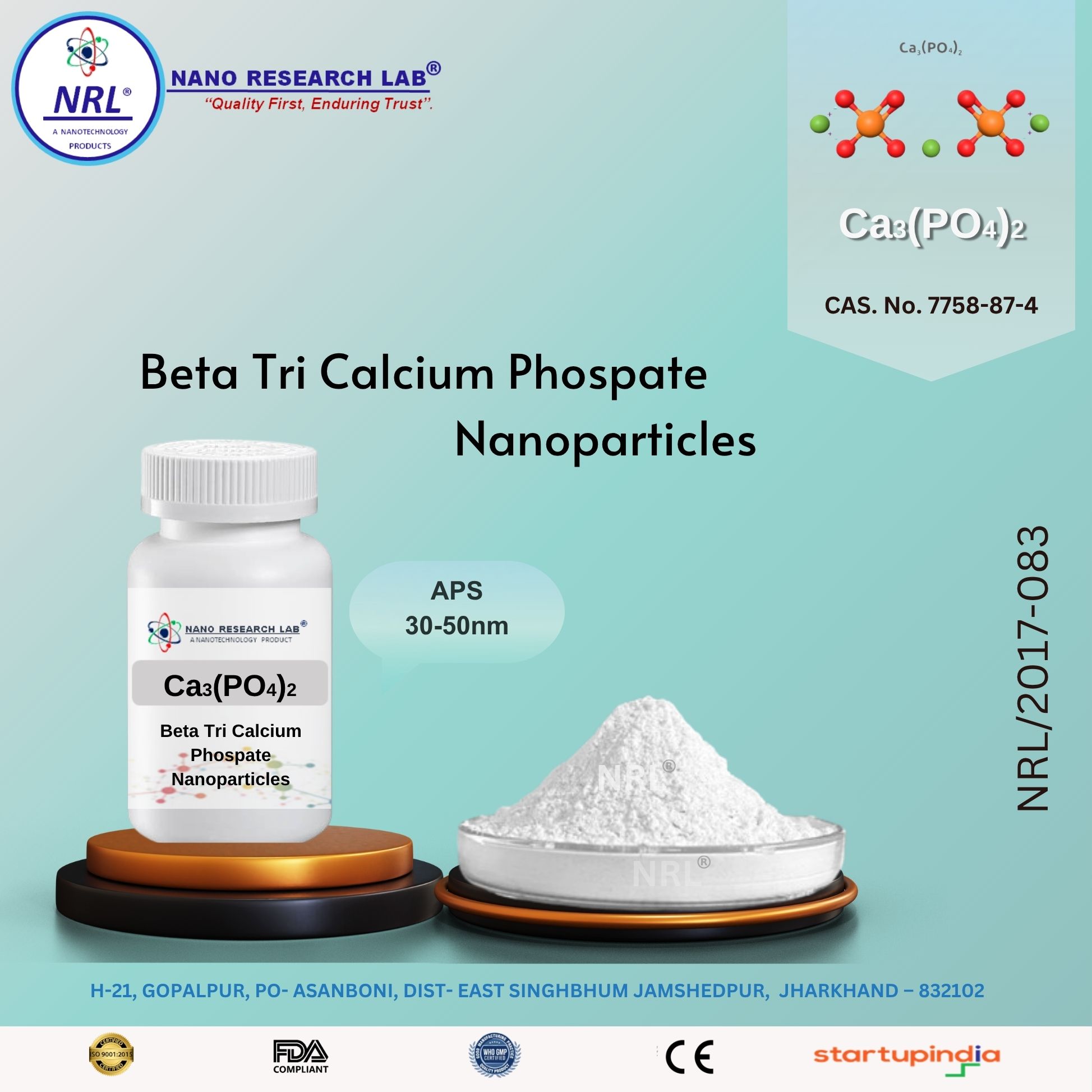 Beta Tri Calcium Phosphate Nanoparticles [Ca3(PO4)2, APS: 30-50nm, Purity: 99.5%] 