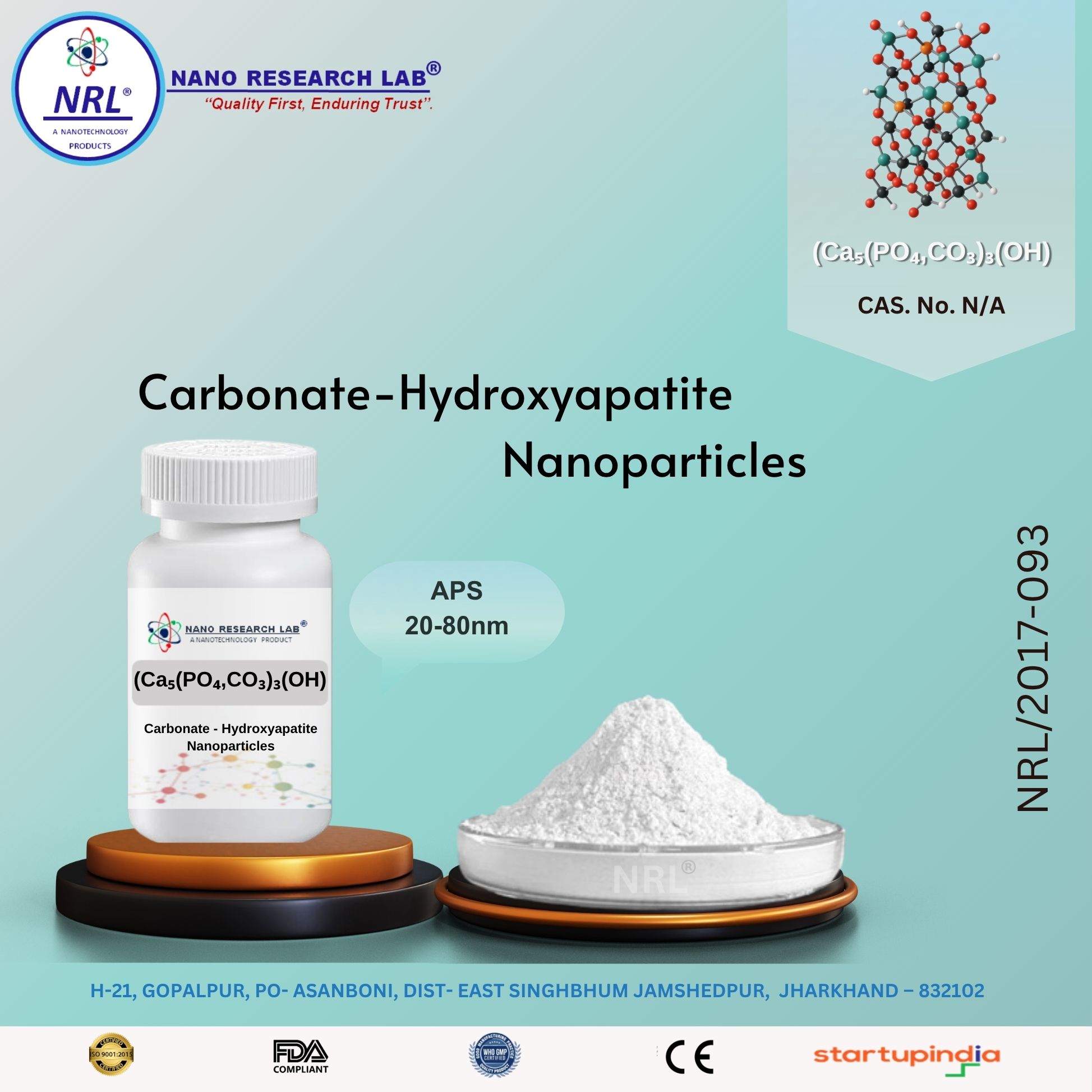 Carbonate - Hydroxyapatite Nanoparticles/Nanopowder (Ca5(PO4,CO3)3(OH), 20-80nm, 99.5%)