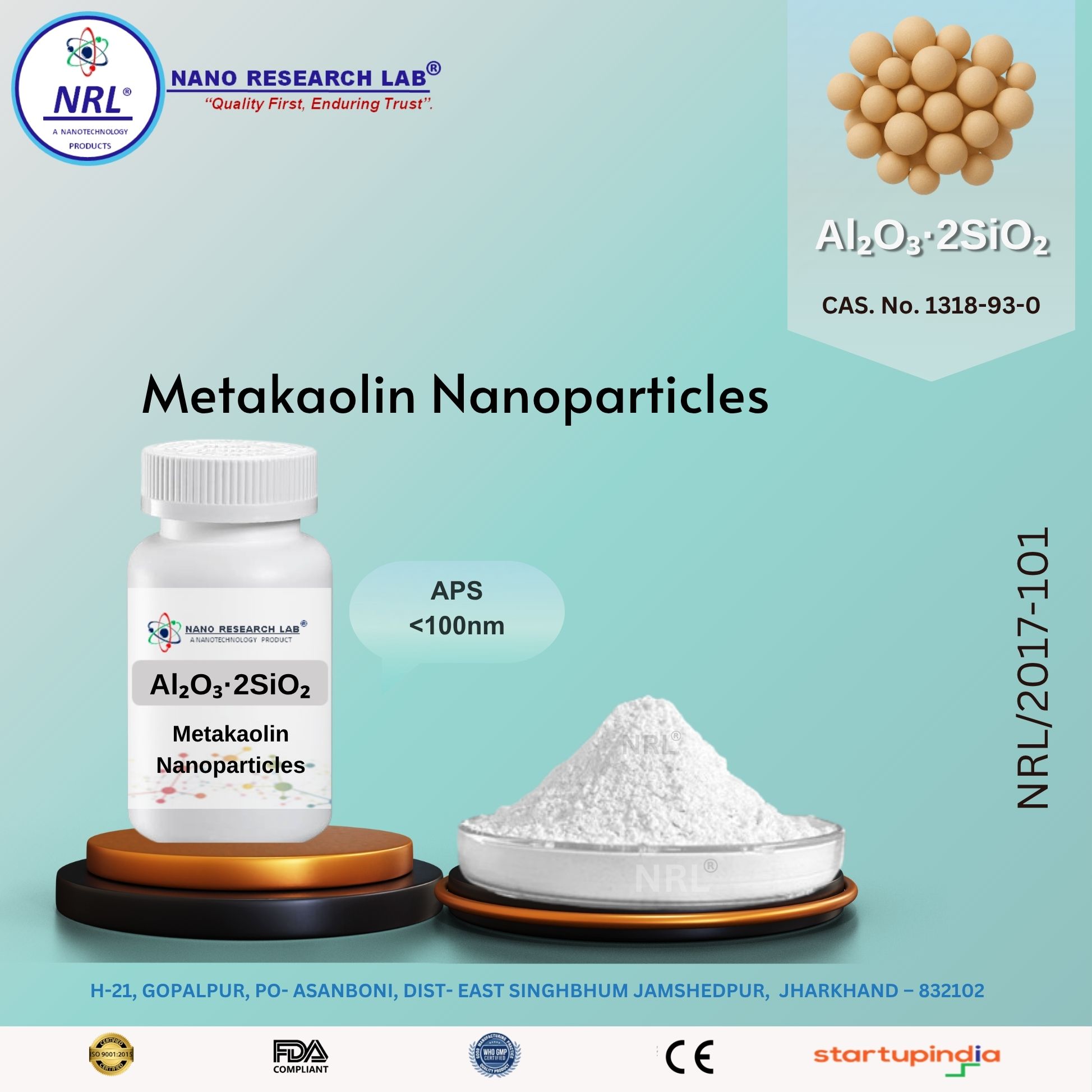Metakaolin Nanoparticles / Nanopowder (Al₂O₃·2SiO₂ <100 nm, Purity 99.5%)