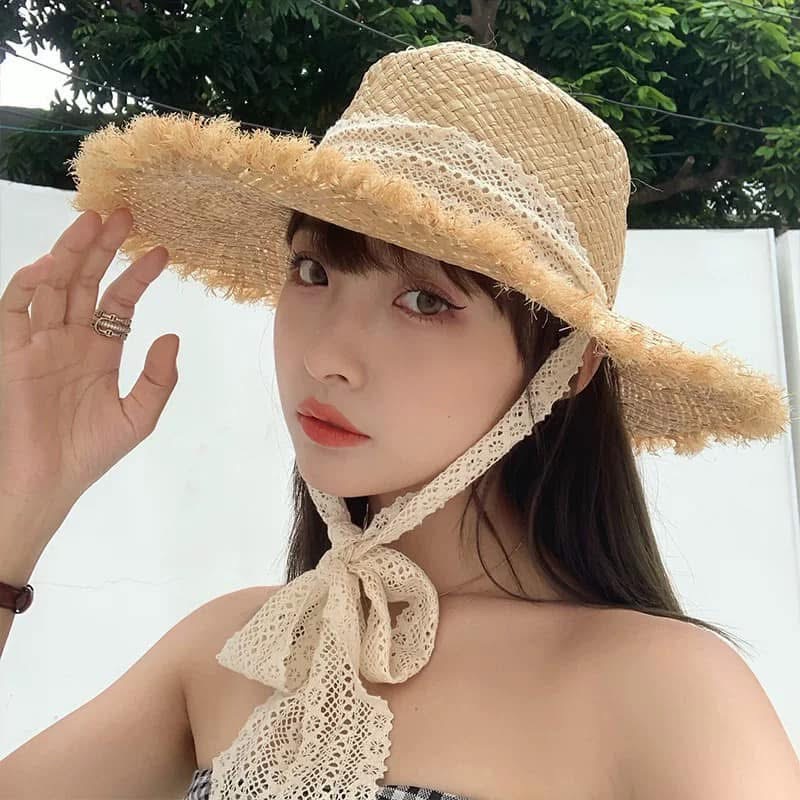 Mũ chống nắng cói kèm ruy băng ren
