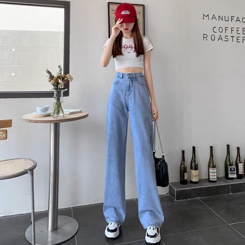 Quần jeans ống rộng cạp cao