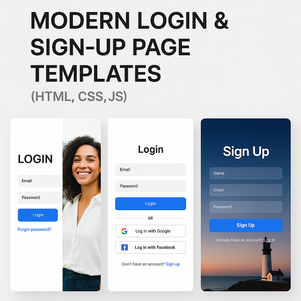 Modern Login & Sign-Up Page Templates (HTML, CSS, JS) – 3 Creative Ready-to-Use Designs