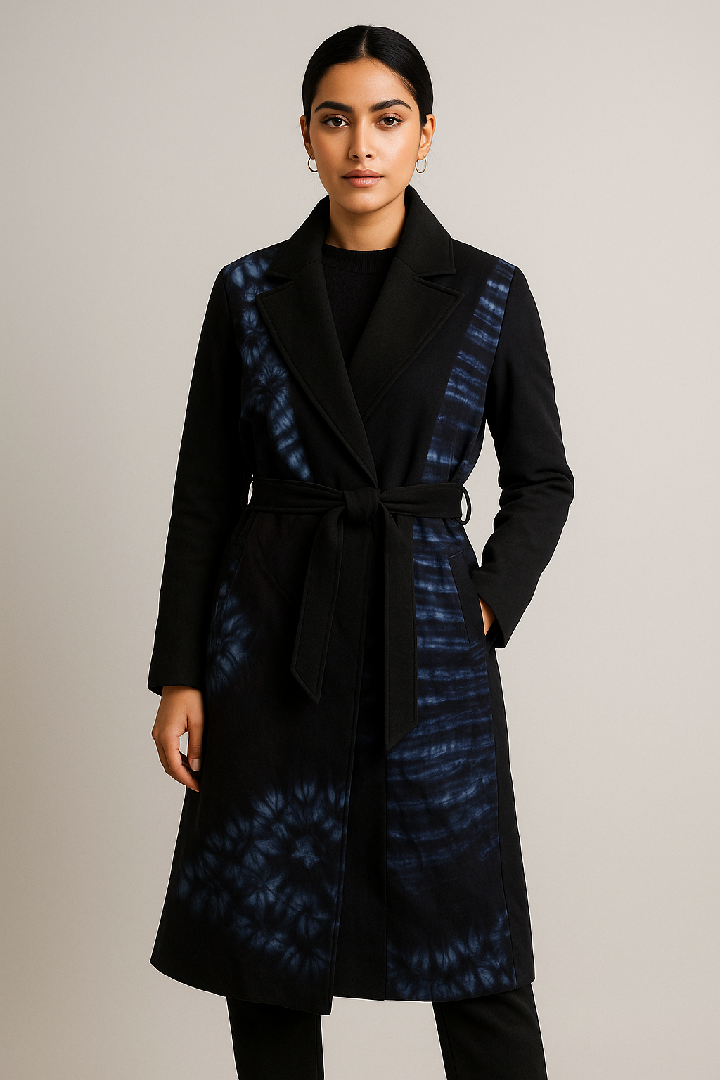 Black Tie-Dye Belted Coat