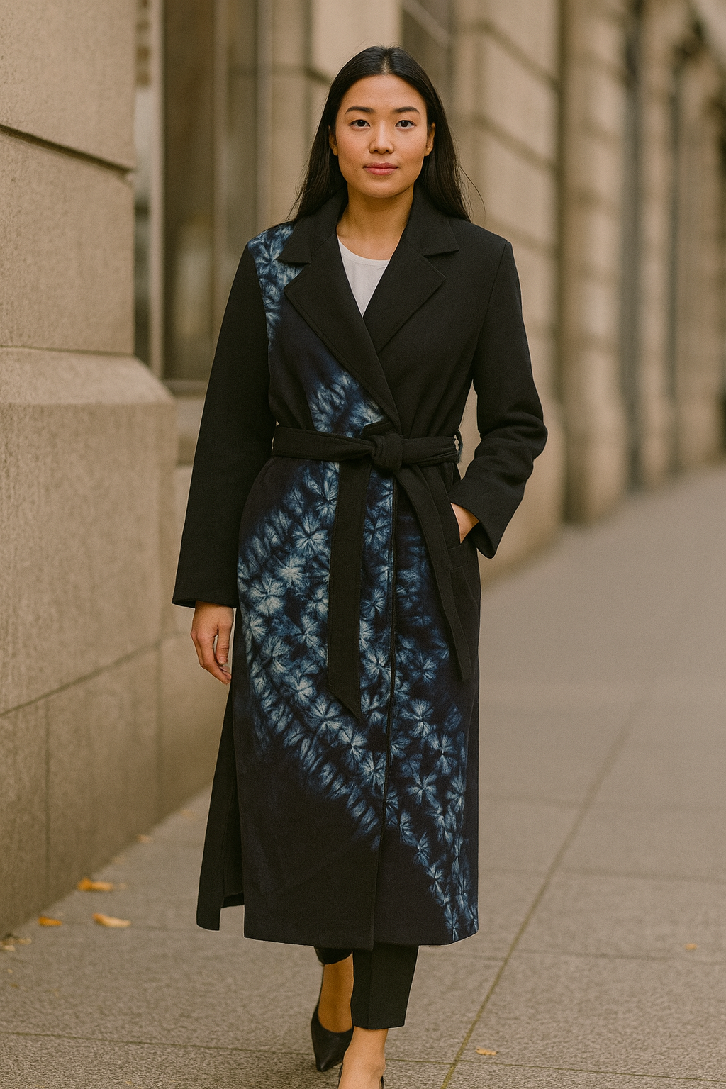 Black tie-dye belted coat