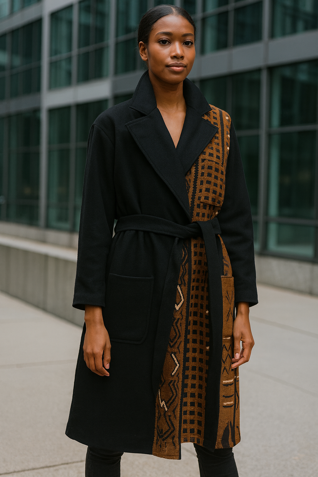 Black Long Coat with Ethnic Print