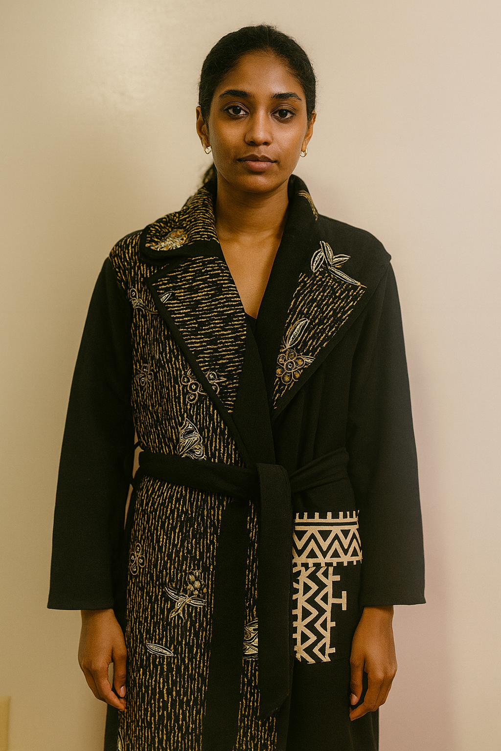 Elegant Black and Gold Patterned Wrap Coat