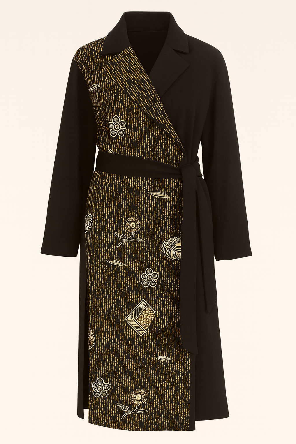 Elegant Black and Gold Patterned Wrap Coat