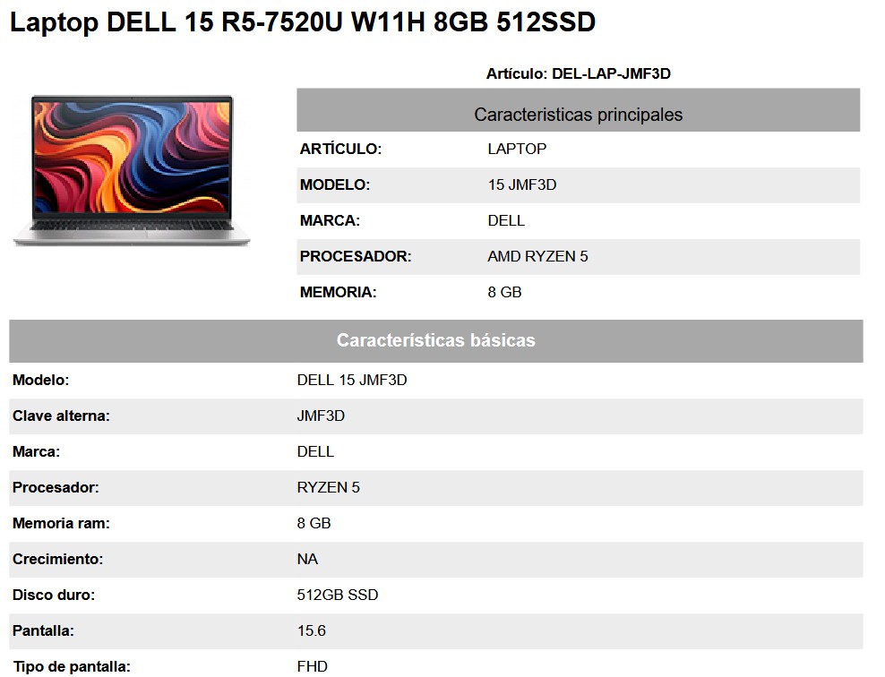 Laptop DELL 15 R5-7520U W11H 8GB 512SSD