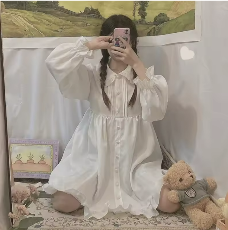 White Long-Sleeve Button-Up Dress