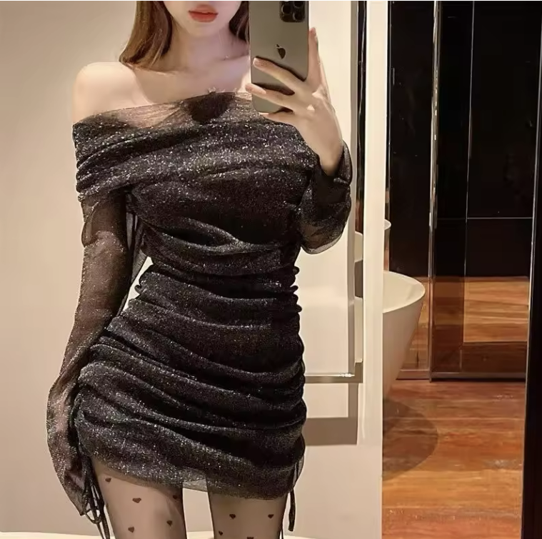 Off-Shoulder Glitter Party Dress