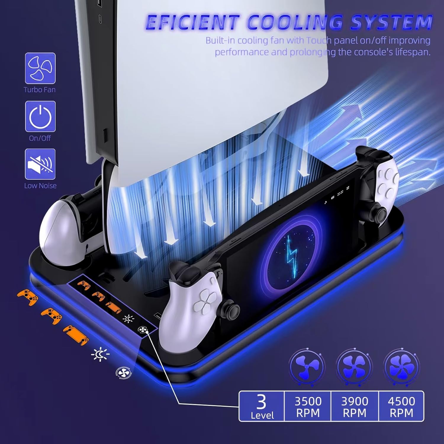 PS5 Slim Stand and Cooling Station with RGB LED Controller Charging Station for PlayStation 5, PS5 Controller Charger and PS Portal Remote Player Magnetic Charger, PS5 / PS5 Slim Accessories Cooling