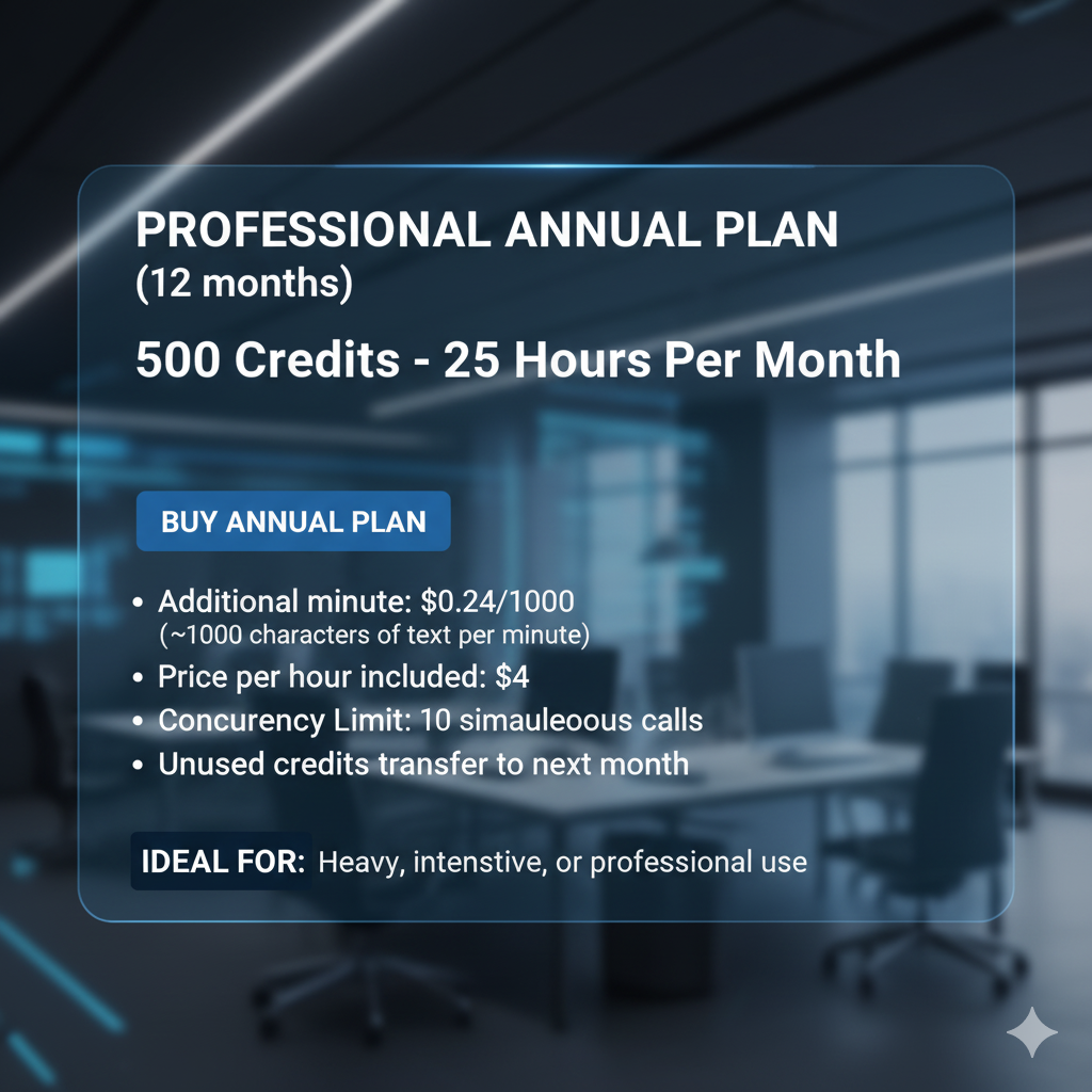 Annual Professional Plan – 500 Minutes/Credits = 25 Hours per Month TOTAL: 300 Hours per Year