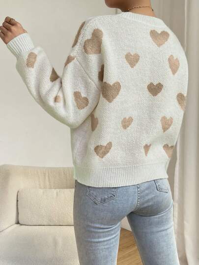 Cream Heart Pattern Sweater