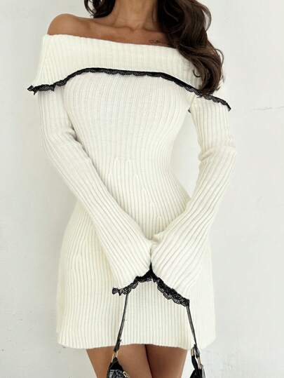 Off-Shoulder White Knit Dress