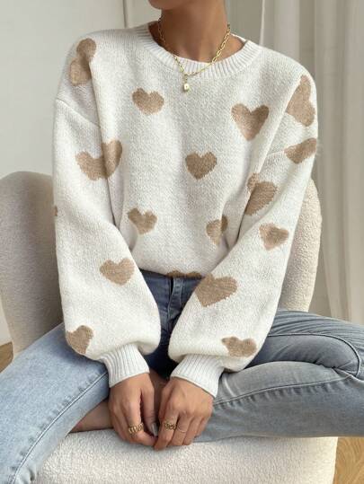 Cream Heart Pattern Sweater