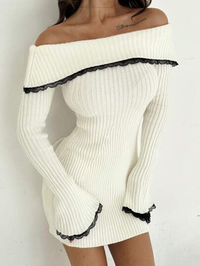 Off-Shoulder White Knit Dress