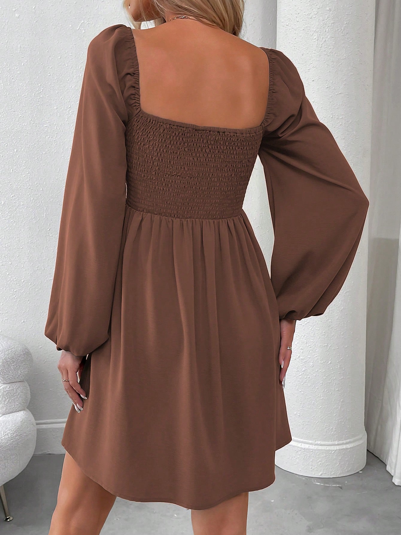 EMERY ROSE Women Square Neck Long Sleeve Ruched Simple Casual Short Dress 