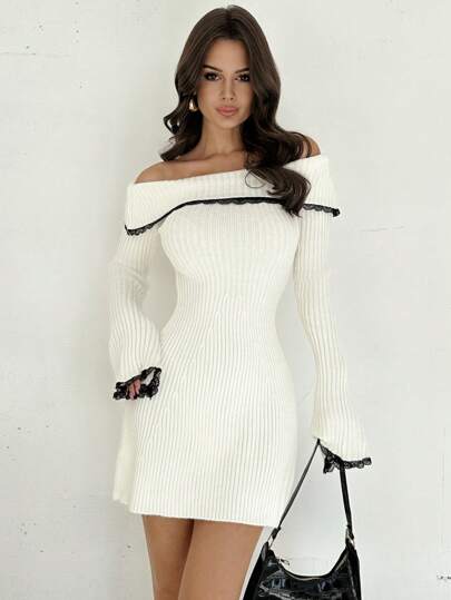 Off-Shoulder White Knit Dress