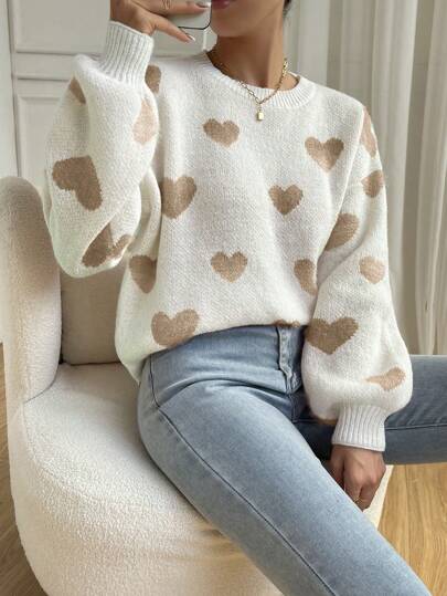 Cream Heart Pattern Sweater