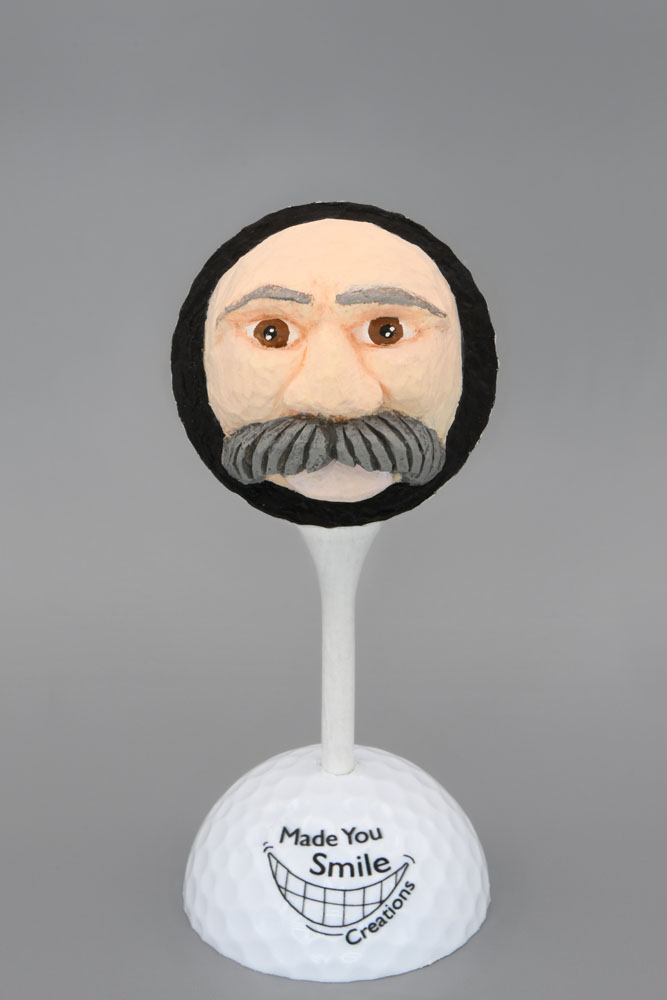 Older Mustache Guy Carved Golf Ball Art