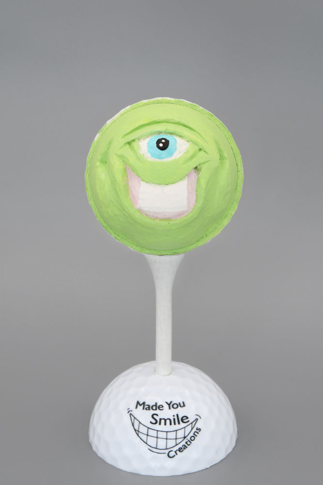 Green Alien with Big Teeth Carved Golf Ball Art