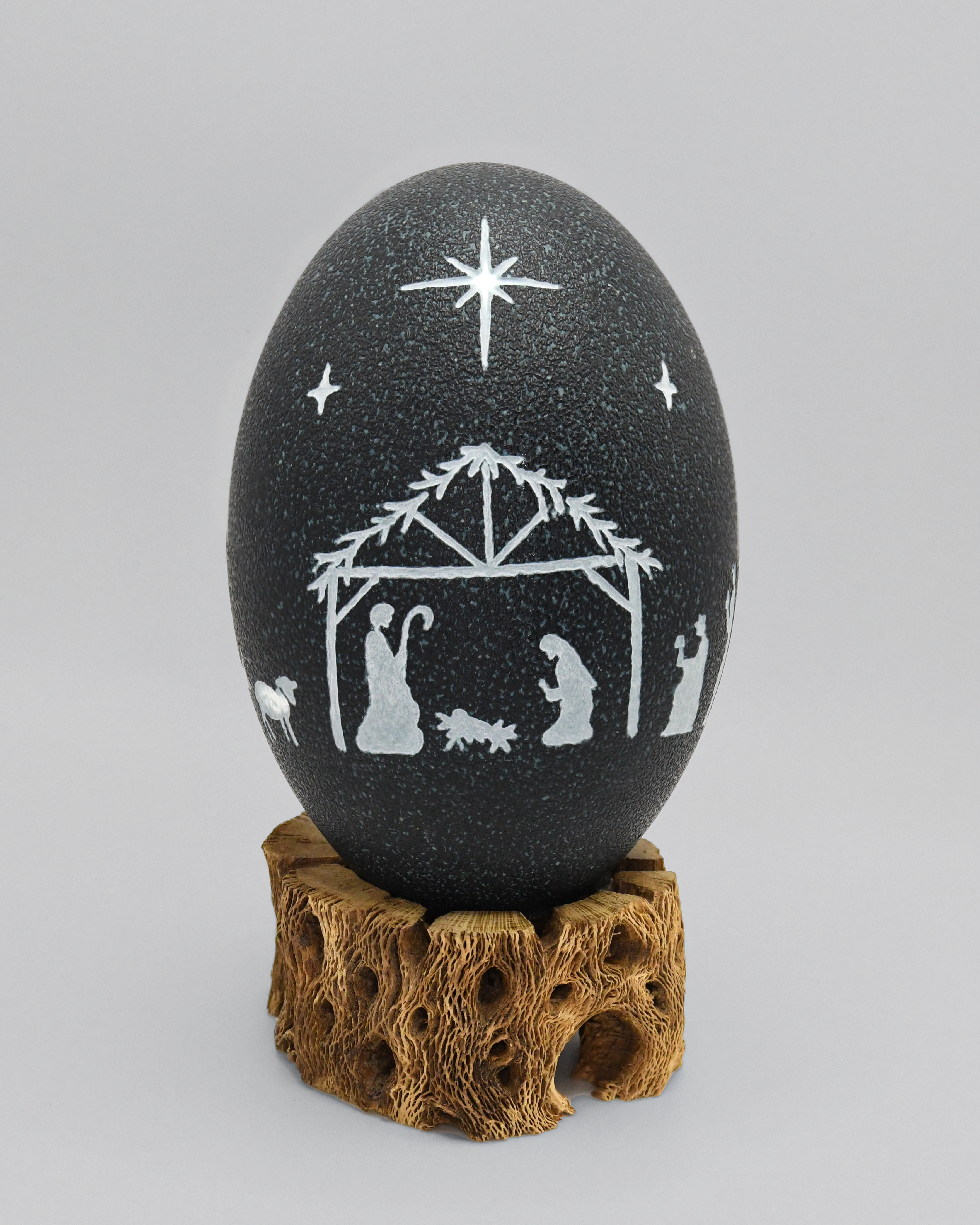"The Light in the Manger" Nativity Scene Hand Carved Emu Egg in Gift Box