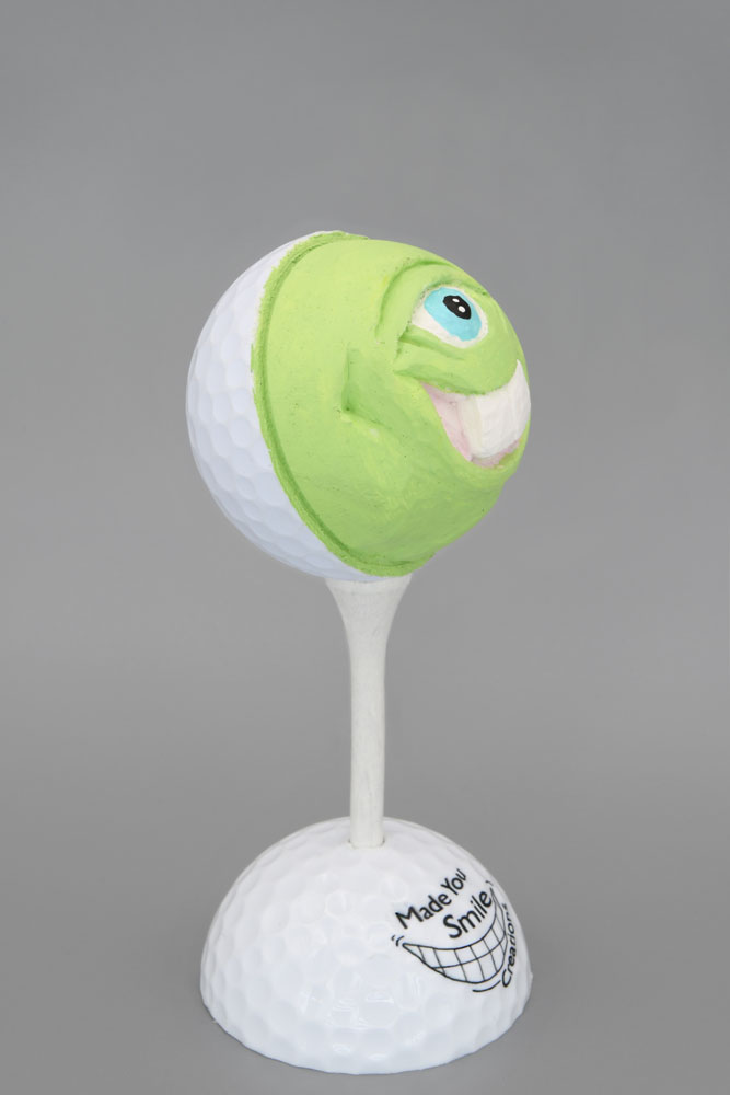 Green Alien with Big Teeth Carved Golf Ball Art