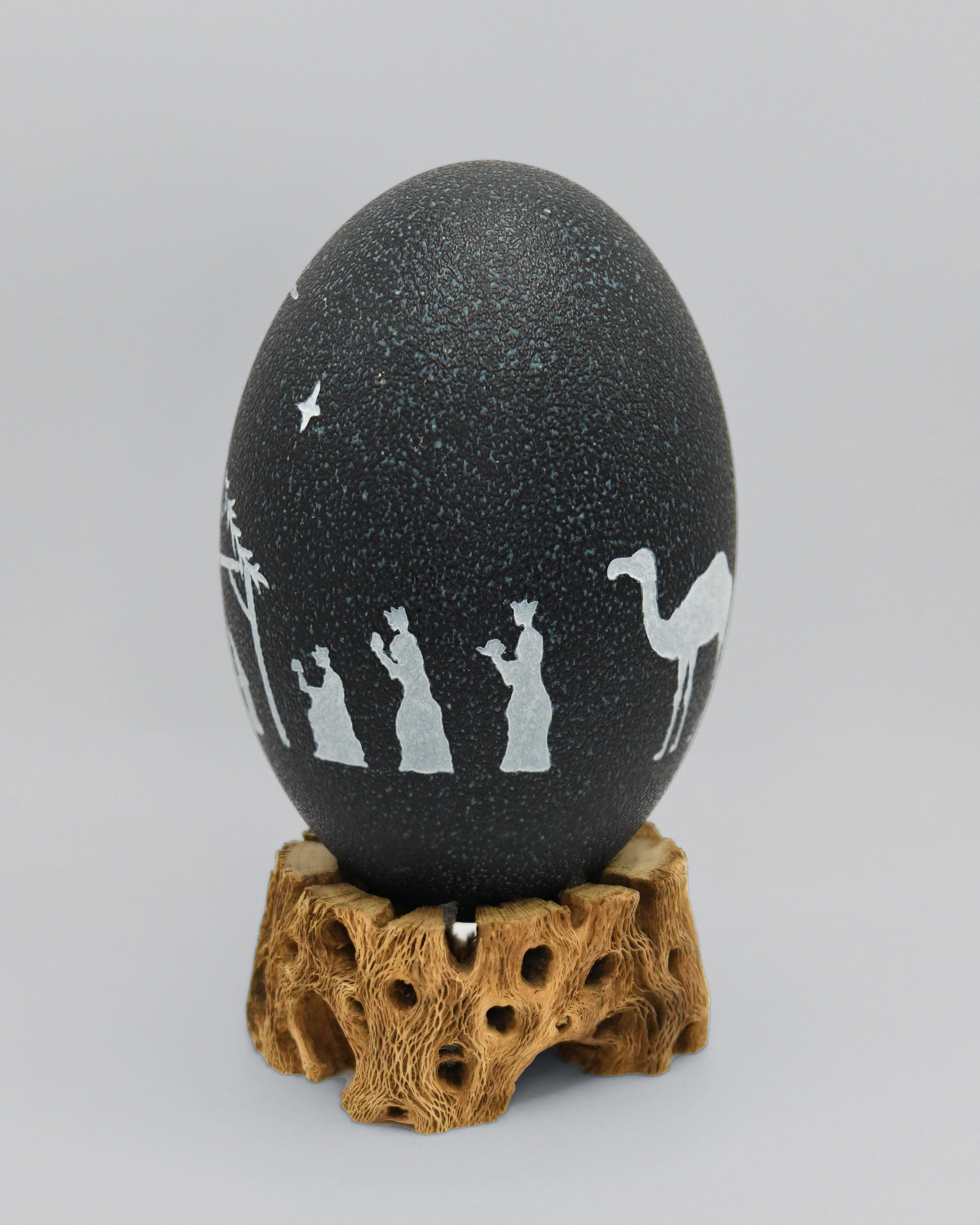 "The Light in the Manger" Nativity Scene Hand Carved Emu Egg in Gift Box