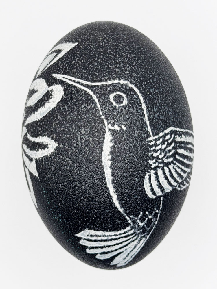 "Delicate Beauty" Hummingbird & Flower Hand Carved Emu Egg