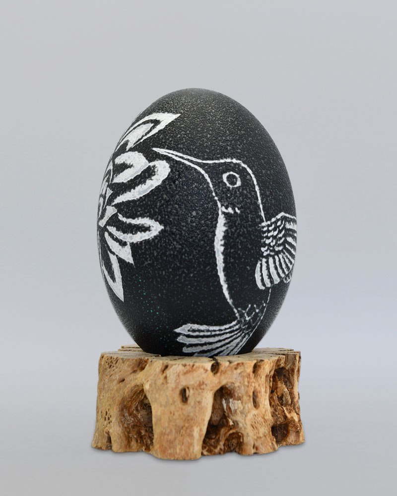 "Delicate Beauty" Hummingbird & Flower Hand Carved Emu Egg