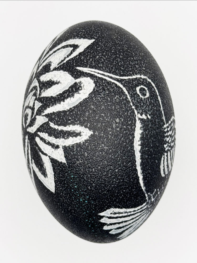 "Delicate Beauty" Hummingbird & Flower Hand Carved Emu Egg