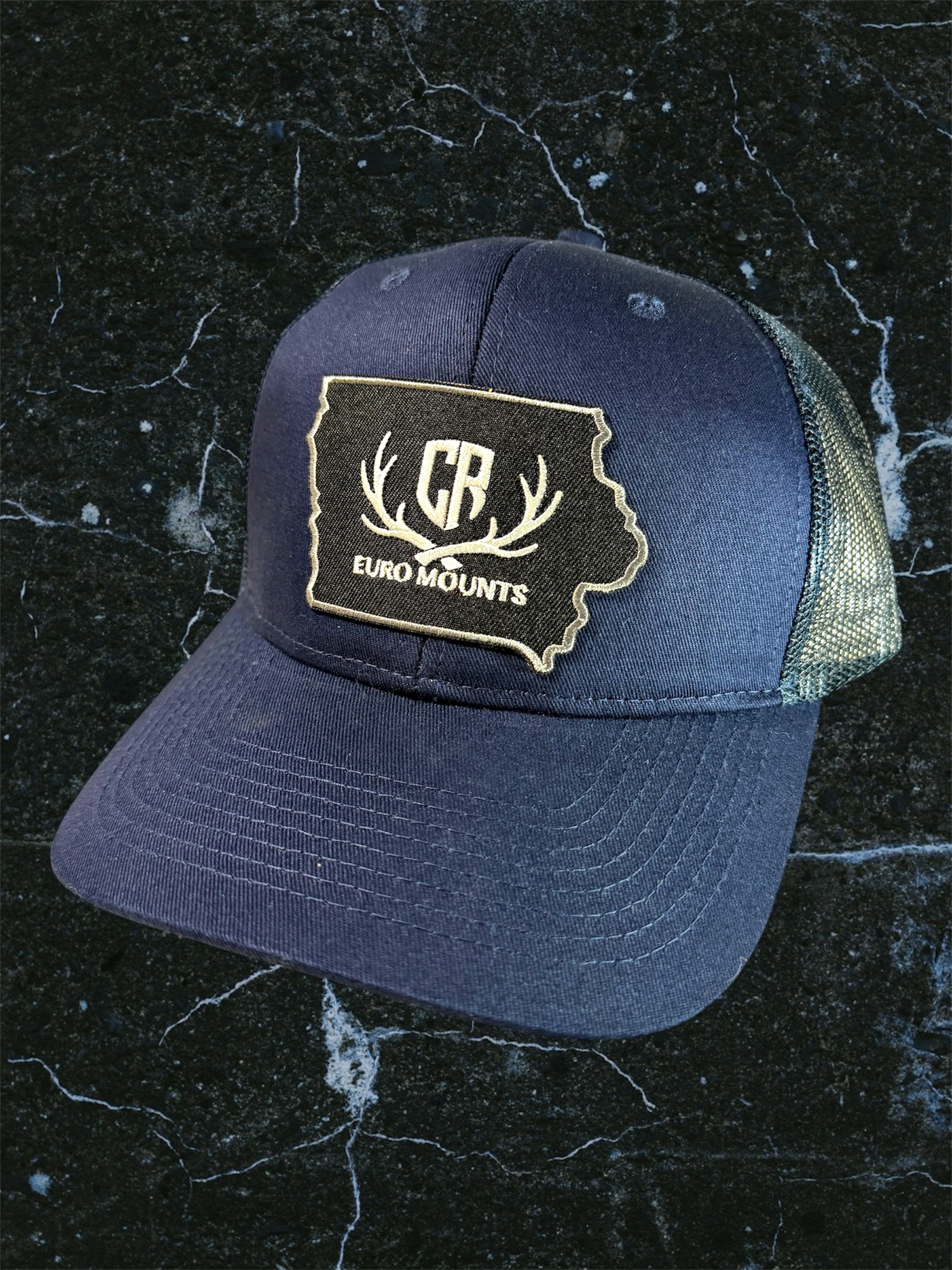 CR Euro Mounts Blue Snapback Trucker Hat with Embroidered Fabric Patch