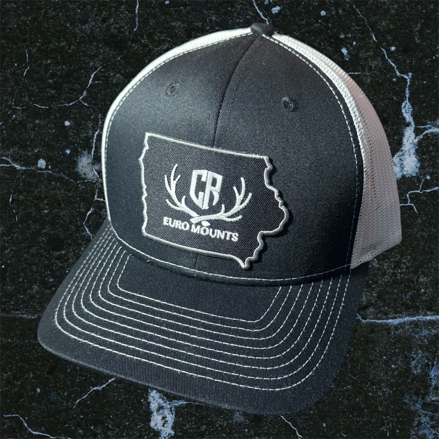 CR Euro Mounts Black Snapback Trucker Hat with Embroidered Fabric Patch