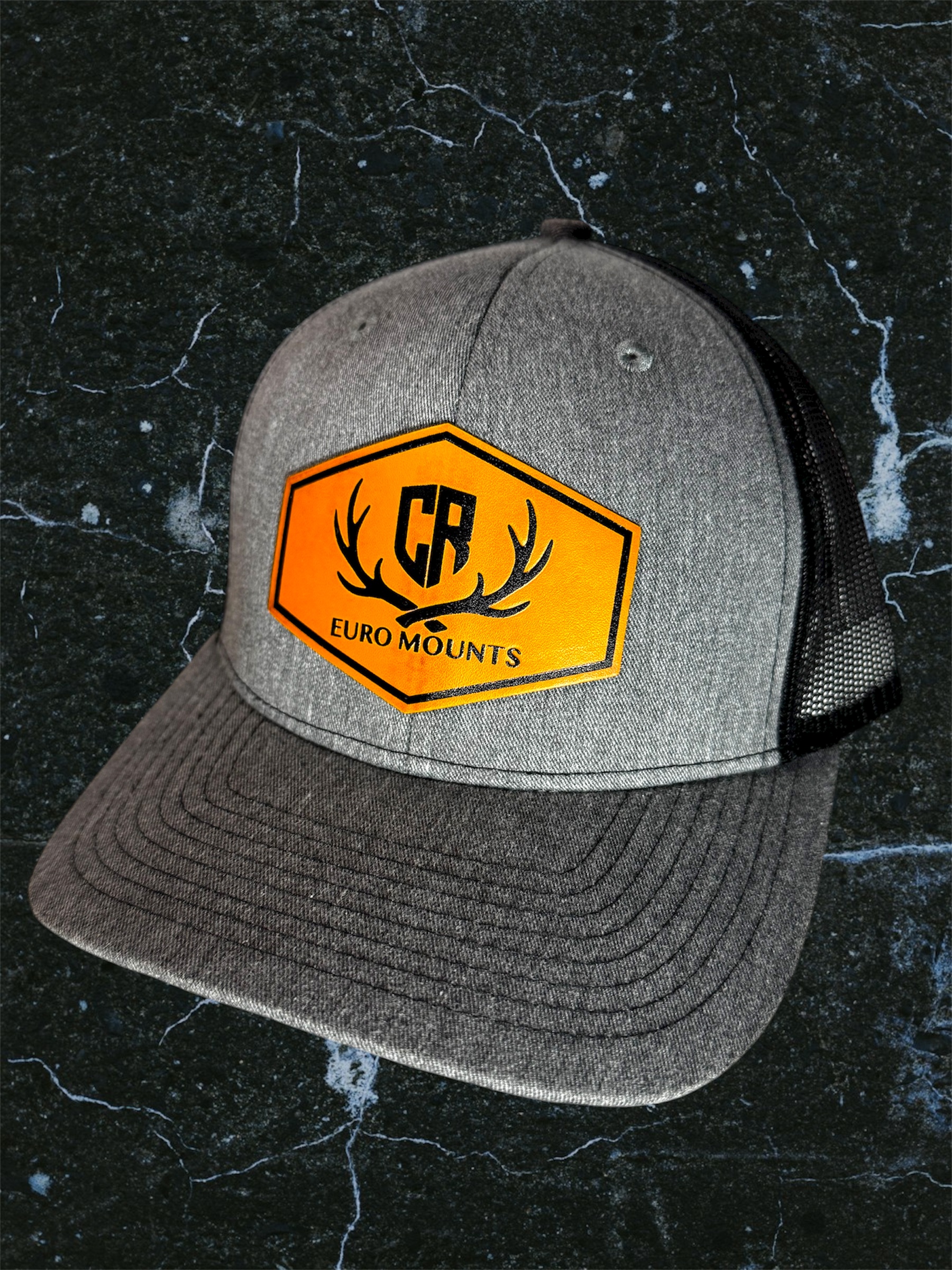 CR Euro Mounts Grey Snapback Trucker Hat with Leather Logo