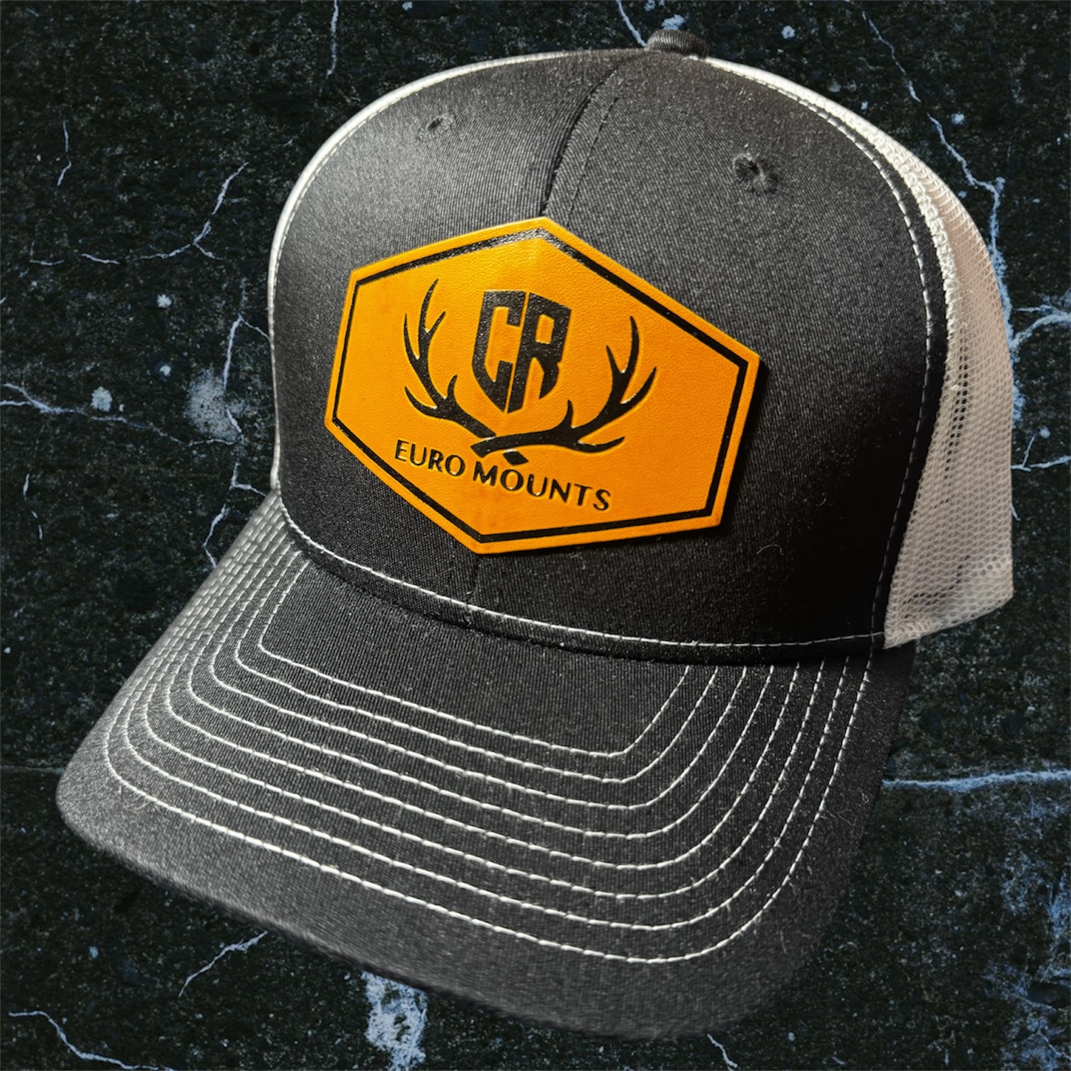 CR Euro Mounts Black Snapback Trucker Hat with Leather Logo
