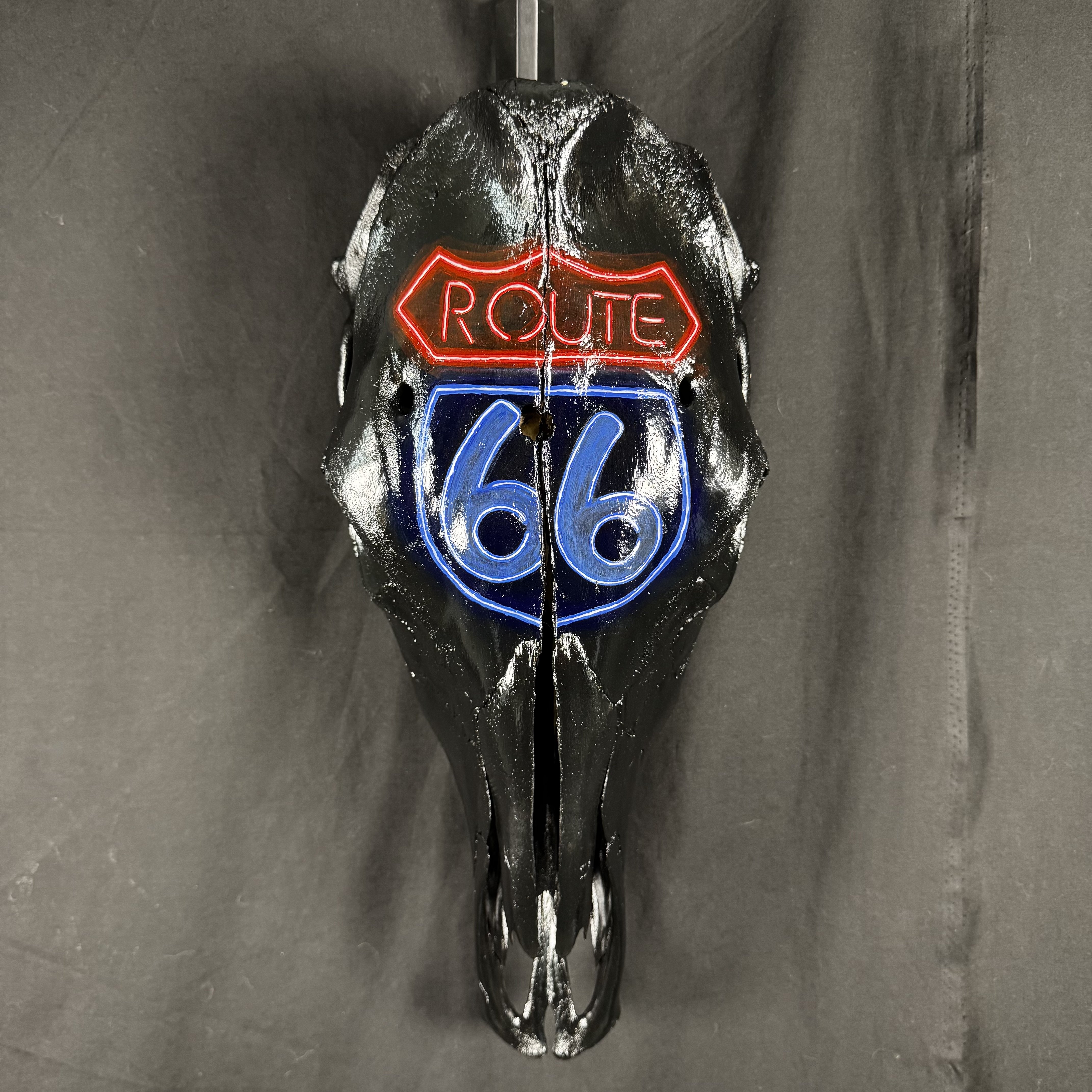(Route 66) Neon Cow Skull Wall Art