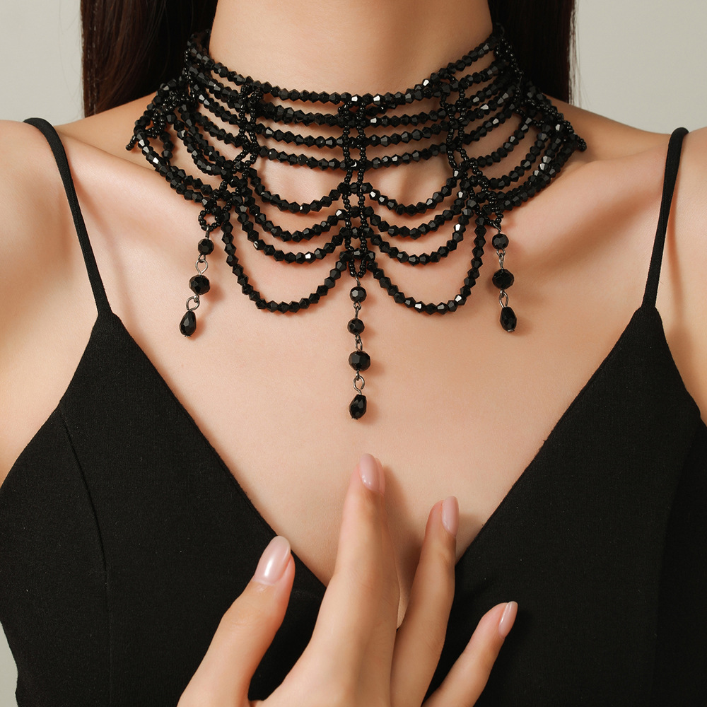 Elegant Black Beaded Choker Necklace