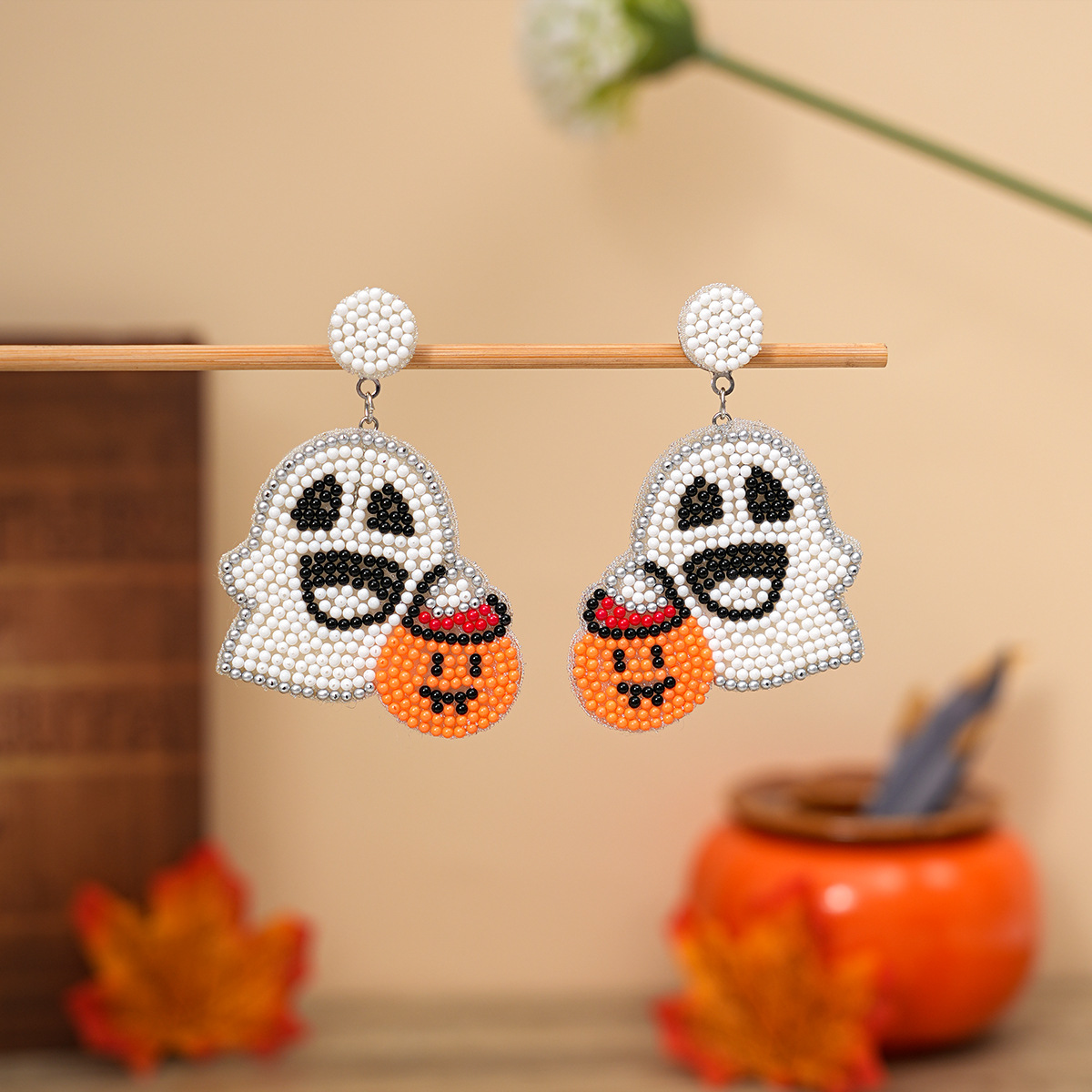 Beaded Ghost Halloween Earrings