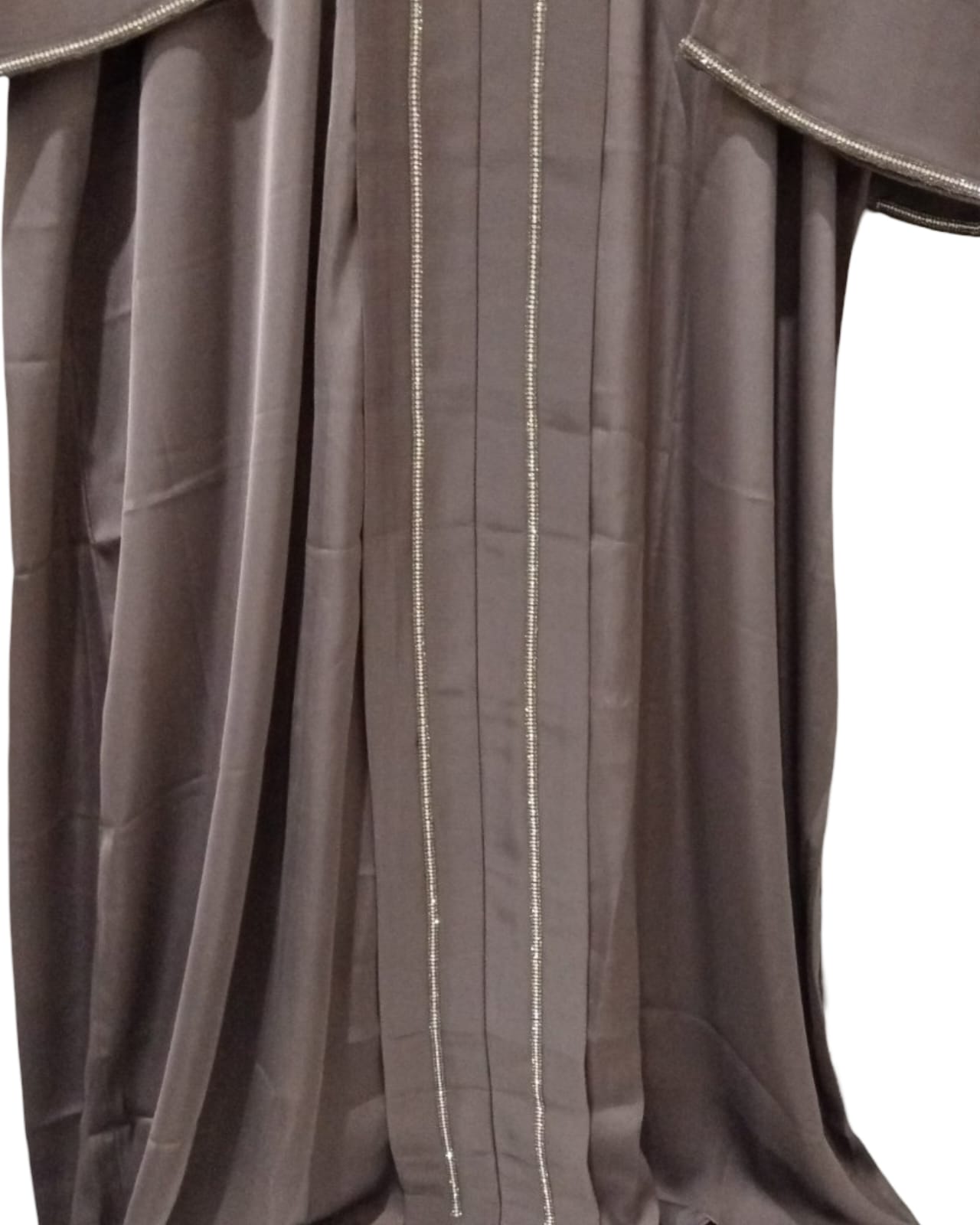 Majestic Taupe Silk Abaya | Silver Lace Luxury Design